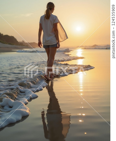 Tranquil beach walk at sunset for relaxation and reflection 124535909