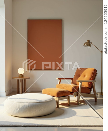 Warm minimalist living room interior with brown armchair and soft lighting 124535912