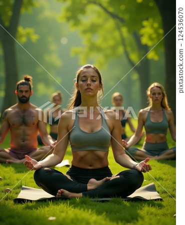 Serene outdoor yoga session in lush green park for mindfulness and meditation 124536070