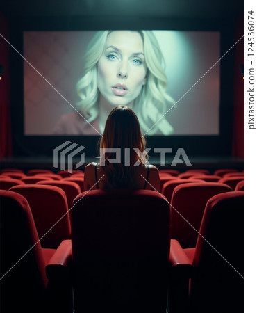 Solitary cinema experience: woman watching movie alone in theater 124536074