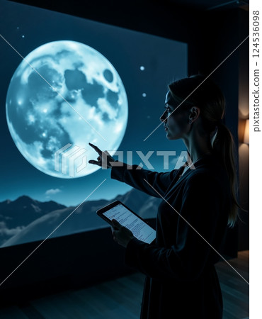 Woman interacting with digital moon display for space education and technology concept 124536098