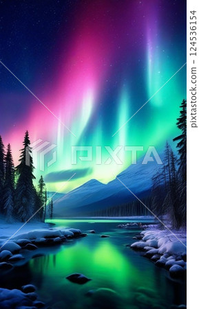 夢幻般的紅色和藍色極光 124536154