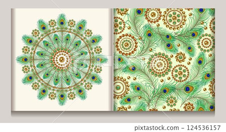 Jewelry deluxe motif, seamless pattern with peacock feathers, circular jewelry motifs. Gold elements with green emerald gems. White background Jewelry deluxe motif, seamless pattern with peacock feathers, circular jewelry motifs. Gold elements with green emerald gems. White background 124536157