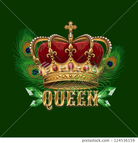 Composition with imperial golden crown, bunch of peacock feathers, gemstone crystals, text Queen. Luxury kitsch design. Detailed composition in vintage style. 124536159