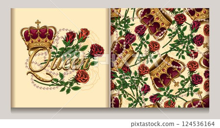 Label, seamless pattern with golden imperial crown, scattered jewelry, pearl necklaces, red roses with stem. Detailed illustrations on beige background. Luxury kitsch vintage style. 124536164