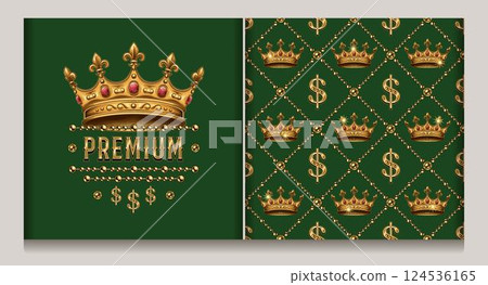Label, diagonal cross line square grid pattern with golden crown, dollar sign, jewelry chains. Green background. Vintage kitsch style. 124536165