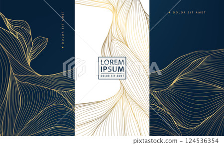 Vector set of abstract gold line background, white and dark blue luxury labels, water waves, leaves, organic shapes illustrations. Art deco package banners, wine elegant design, wedding invitations. Vector set of abstract gold line background, white and dark blue luxury labels, water waves, leaves, organic shapes illustrations. Art deco package banners, wine elegant design, wedding invitations. 124536354