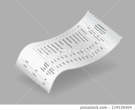 Payment check or receipts with shadow. Curved financial paper, purchase invoice. Buying, bill or calculate pay. Receipt the seller form 124536404