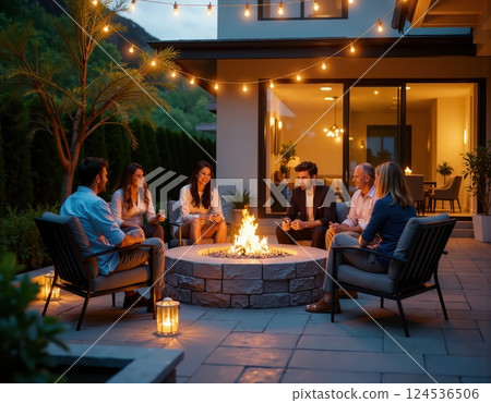 Cozy evening gathering around a backyard fire pit with friends 124536506