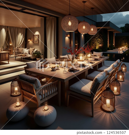 Cozy evening patio dining setup with elegant lighting and modern decor for relaxation 124536507