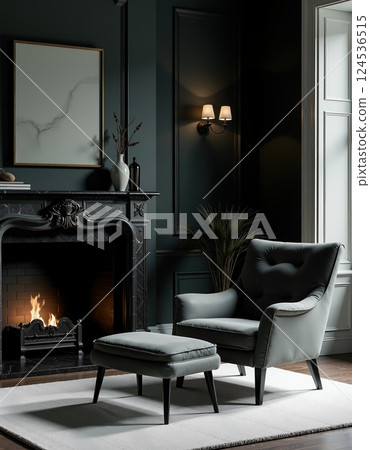 Cozy luxury living room with fireplace and elegant armchair design 124536515
