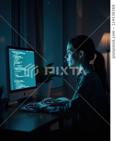 Focused software developer coding at night in modern office space 124536569