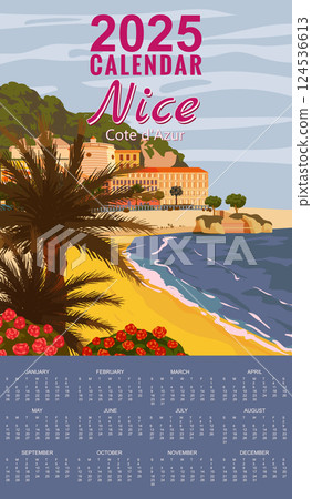 Calendar Monthly 2025 Nice French Riviera coast poster vintage. Resort, coast, sea, palms, beach. Retro style illustration vector 124536613