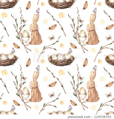 Seamless, repeat pattern with Easter symbols, wooden bunny, eggs, cup holder, pussy willow branches, butterflies, feather, bird nests. Hand drawn watercolor illustration. For wrapping fabric textile Seamless, repeat pattern with Easter symbols, wooden bunny, eggs, cup holder, pussy willow branches, butterflies, feather, bird nests. Hand drawn watercolor illustration. For wrapping fabric textile 124536703