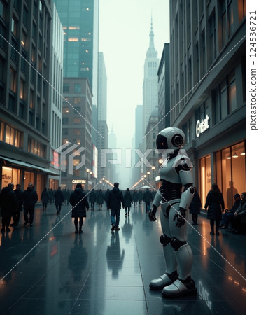 Futuristic robot in modern cityscape for technology and innovation themes 124536721