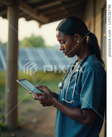 Healthcare worker using digital tablet outside, environmental context in medical setting 124536746