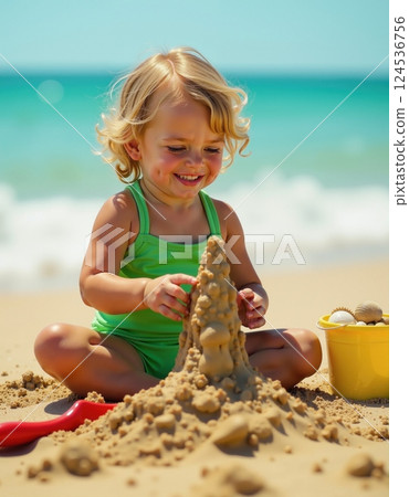 Joyful beach day: toddler building sandcastle by the ocean for summer fun 124536756