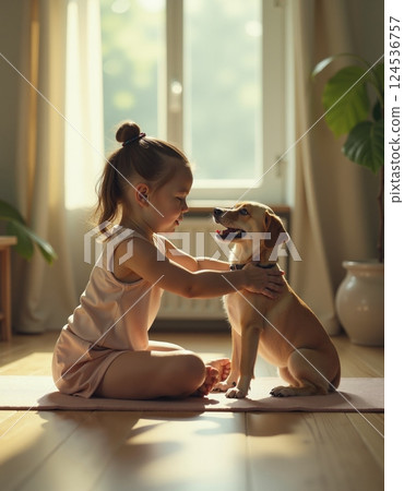 Joyful bond between a child and dog in sunlit living room 124536757