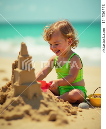 Joyful child building sandcastle on beach summer vacation fun 124536758