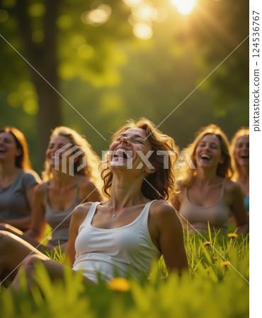 Joyful women laughing in sunlit meadow perfect for summer lifestyle concepts 124536767