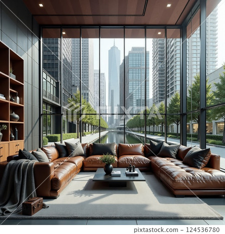 Luxurious modern living room overlooking urban skyline with high-fidelity design elements 124536780