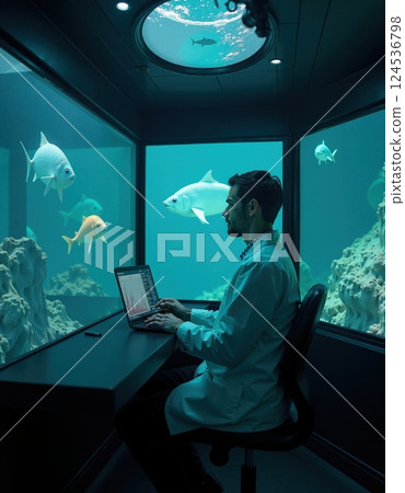 Marine research: scientist analyzing data in underwater observation room Marine research: scientist analyzing data in underwater observation room 124536798