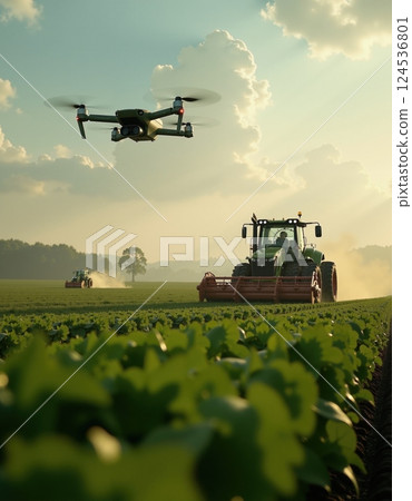 Modern agriculture: drone and tractors in a lush crop field Modern agriculture: drone and tractors in a lush crop field 124536801