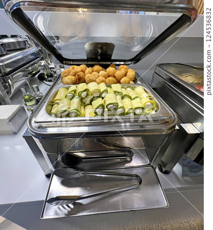 Zucchini roll with cream cheese and deep-fried cheese balls 124536832