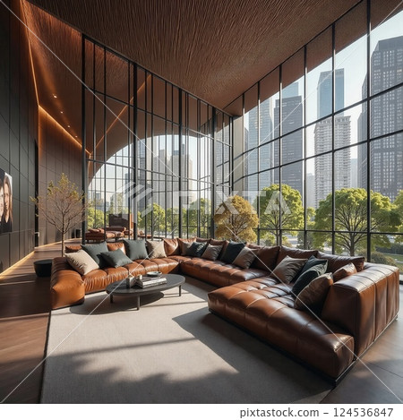Modern luxury living room overlooking urban skyline with plush leather seating 124536847