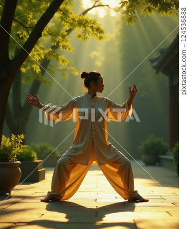 Morning tai chi practice among sunlit trees mindfulness and balance in nature 124536888