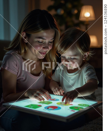 Mother and child engaged with interactive learning tablet 124536890