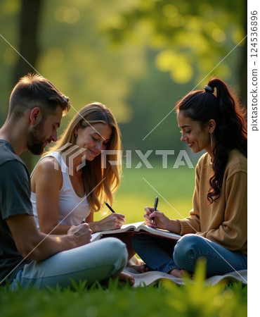 Outdoor group study session in sunlit park 124536896