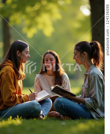 Outdoor study group: friends collaborating in nature for learning and creativity 124536898