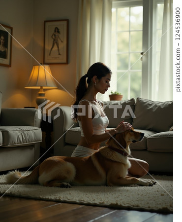 Peaceful meditation with pet dog in cozy living room setting 124536900