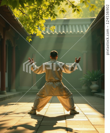 Peaceful practice: tai chi in a serene sunlit courtyard 124536902
