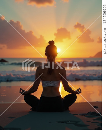 Peaceful sunrise meditation on tranquil beach 124536903