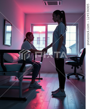 Professional counseling session in modern office setting with calm lighting Professional counseling session in modern office setting with calm lighting 124536905
