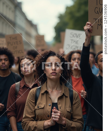 Protesters advocating for social justice with signs and determined expressions 124536906