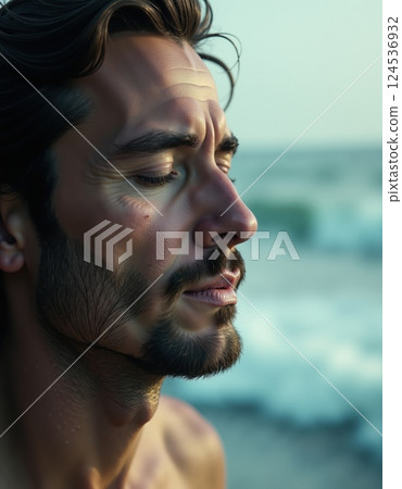 Serene contemplation at the beach: a moment of tranquility Serene contemplation at the beach: a moment of tranquility 124536932