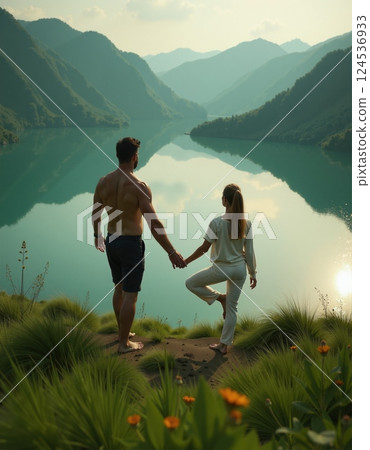 Serene couple relaxing by a mountain lake at sunset Serene couple relaxing by a mountain lake at sunset 124536933