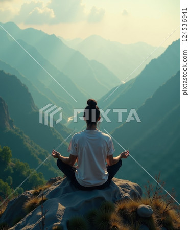 Serene meditation in mountain landscape calmness, tranquility, spiritual retreat 124536941