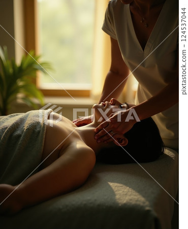 Serene wellness massage therapy in sunlit spa retreat 124537044