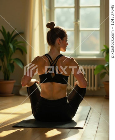 Serenity in yoga practice: woman meditating in sunlit room 124537048