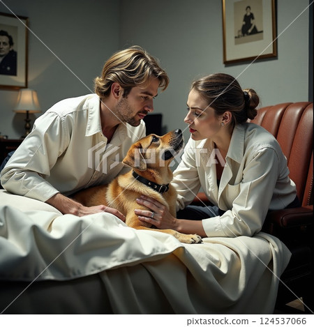 Tender moments: couple comforting dog in cozy bedroom scene 124537066