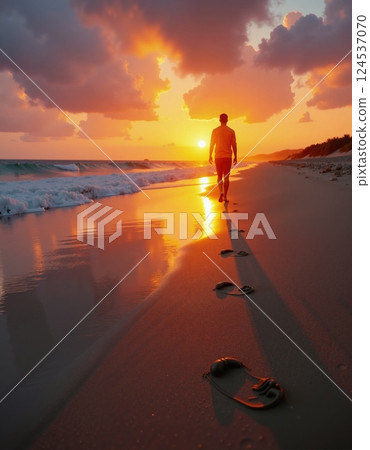 Tranquil beach sunset with silhouette of man walking along the shoreline 124537070