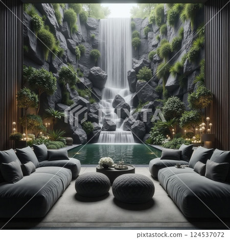 Tranquil indoor waterfall retreat with lush greenery for relaxation spaces 124537072