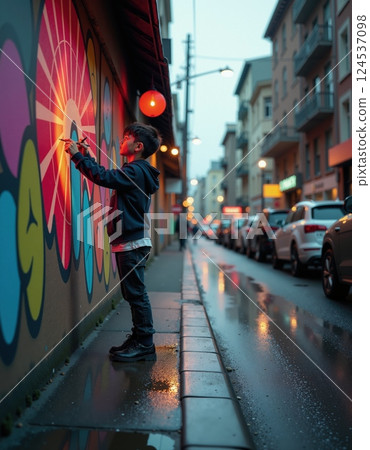 Urban street art exploration - child interacting with vibrant wall mural in cityscape 124537098