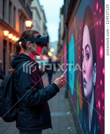 Virtual reality interaction with street art in urban alleyway 124537120