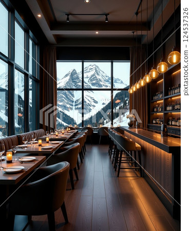 Cozy alpine restaurant with mountain view for elegant winter dining experience 124537326
