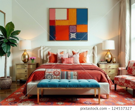 Cozy and colorful bedroom with modern art and vibrant decor for home inspiration 124537327